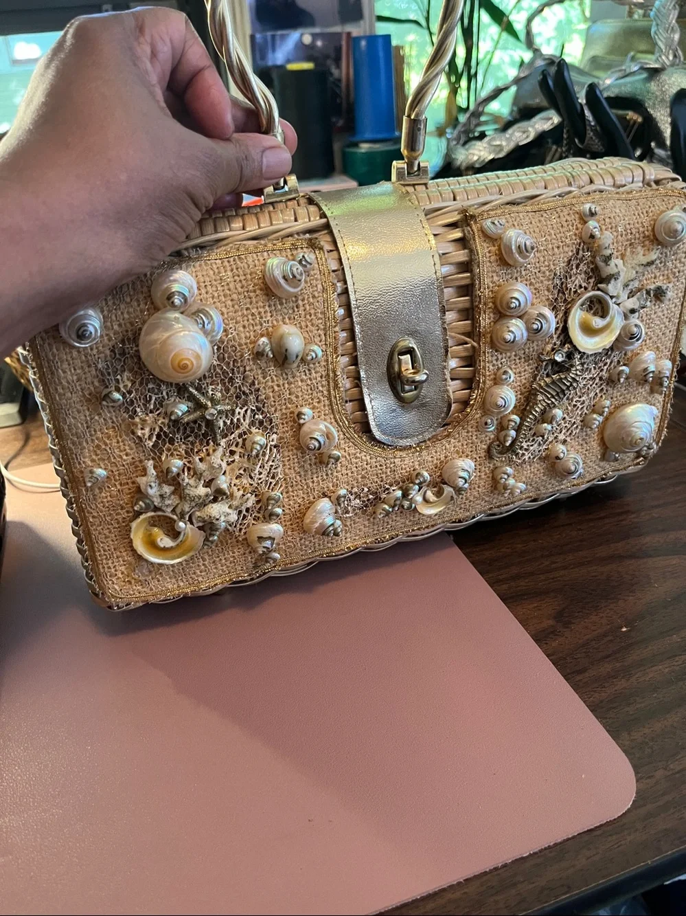 vintage Seashell-Embellished Wicker Box Purse.